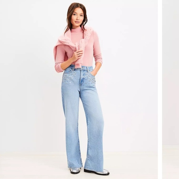 LOFT Sparkle High Rise Wide Leg Light Indigo Wash Jeans 4P NEW! - Picture 2 of 7